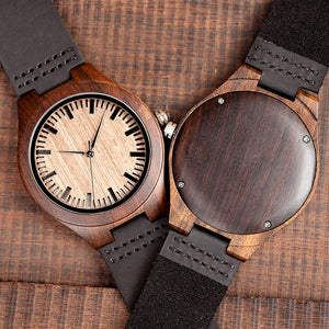 Personalised Black Wood Quartz Watch with leather strap