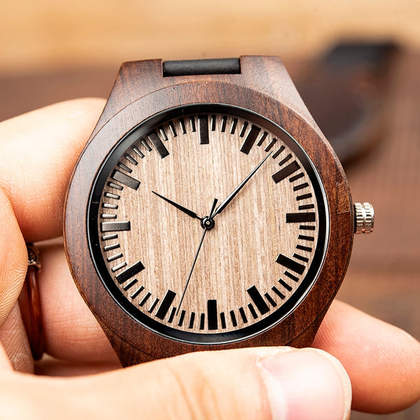 Personalised Black Wood Quartz Watch with leather strap