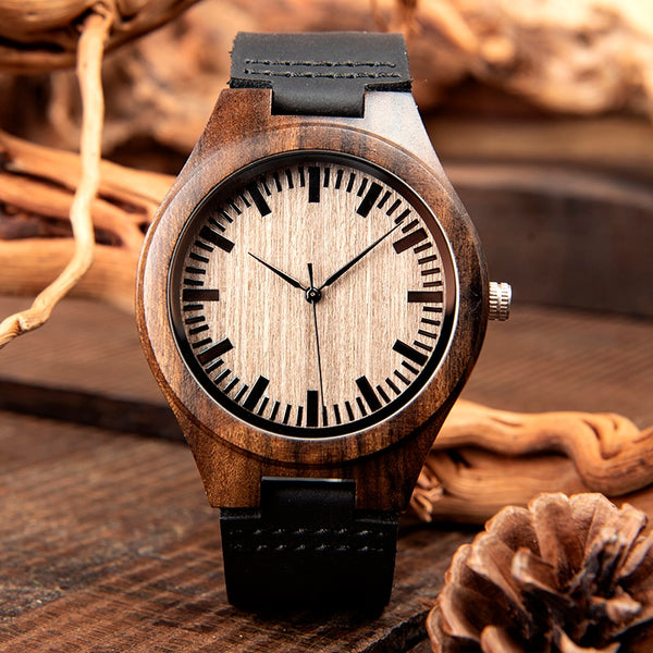 Personalised Black Wood Quartz Watch with leather strap