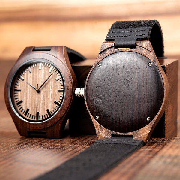 Personalised Black Wood Quartz Watch with leather strap